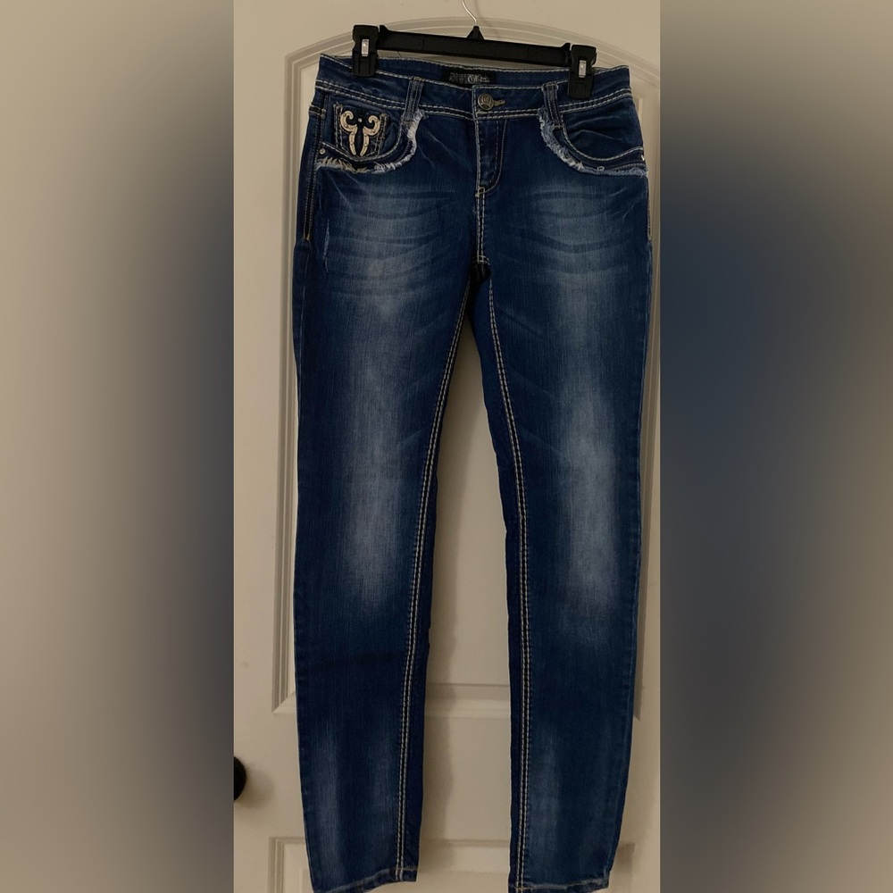 Cello Rhinestone Jeans Size 9/30 Fringe Pockets Slim Leg